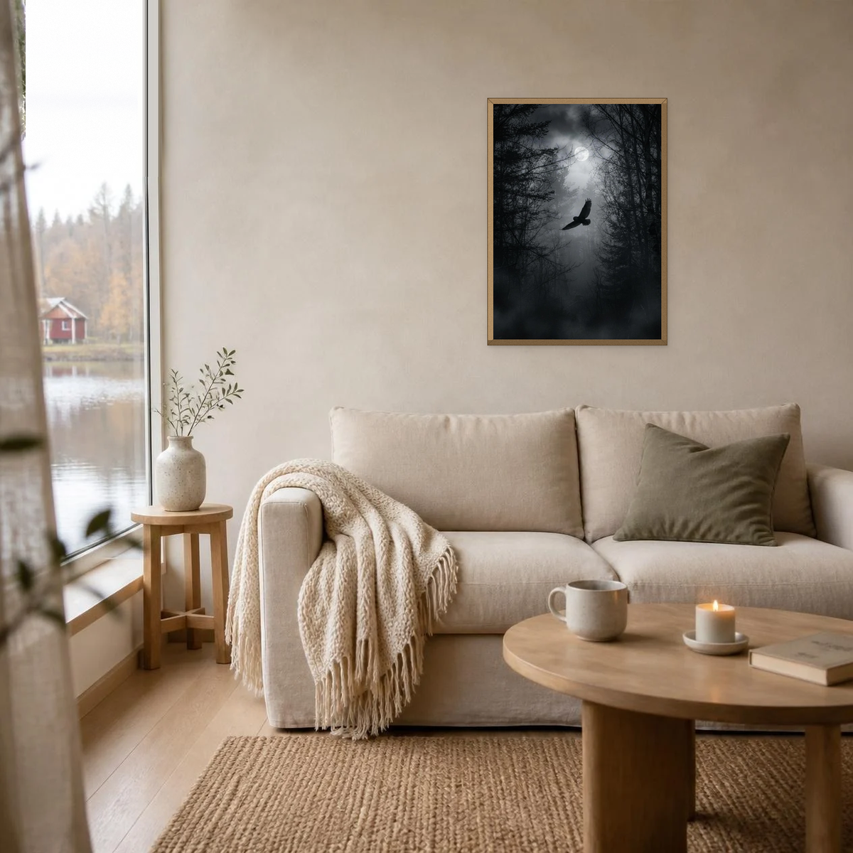 Snowy Owl in Flight poster in a light oak frame above a linen sofa