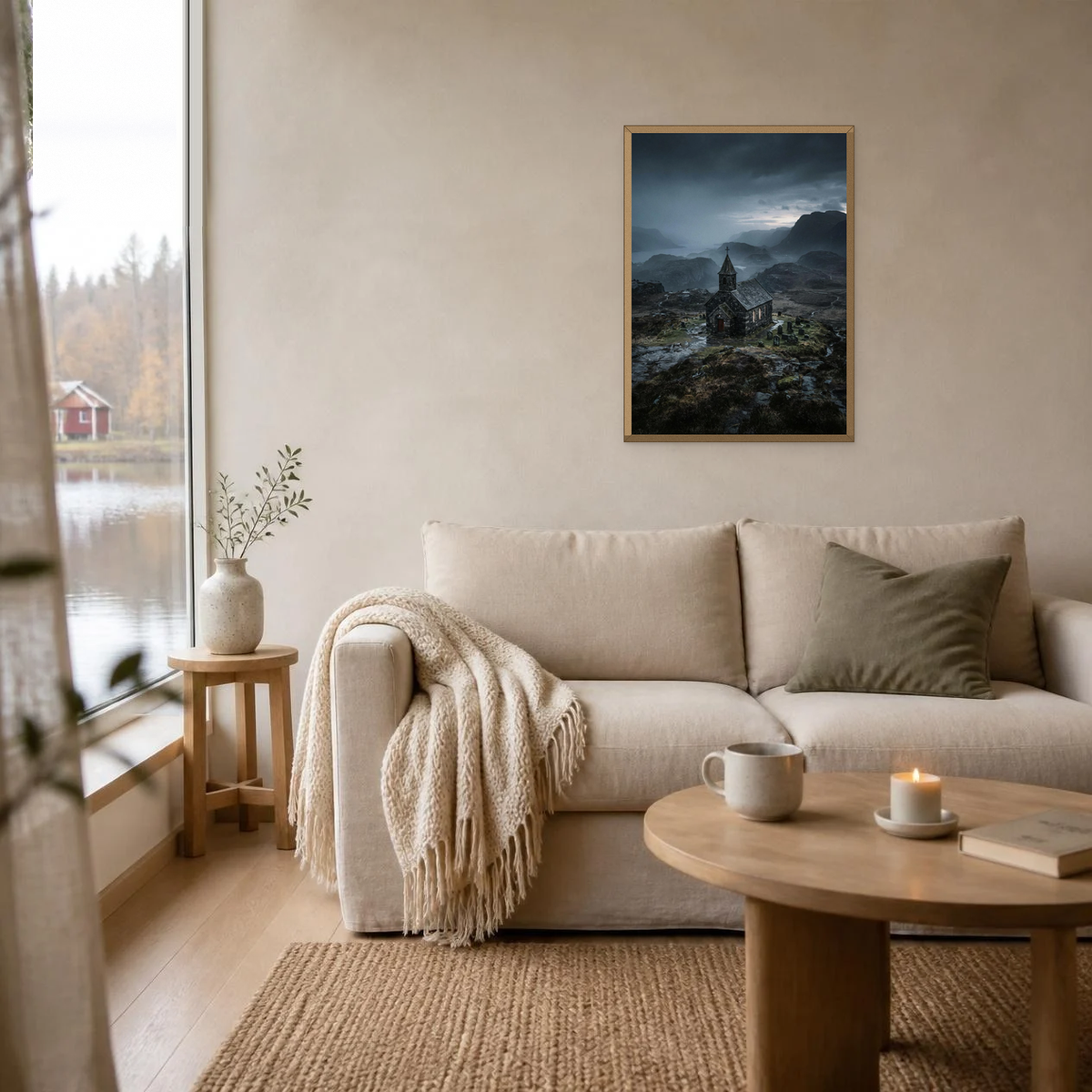 The Stone Church in the Mist poster in a light oak frame above a linen sofa
