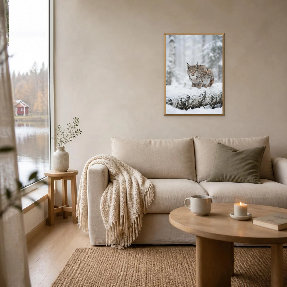 Lynx on a Birch Log poster in a light oak frame above a linen sofa