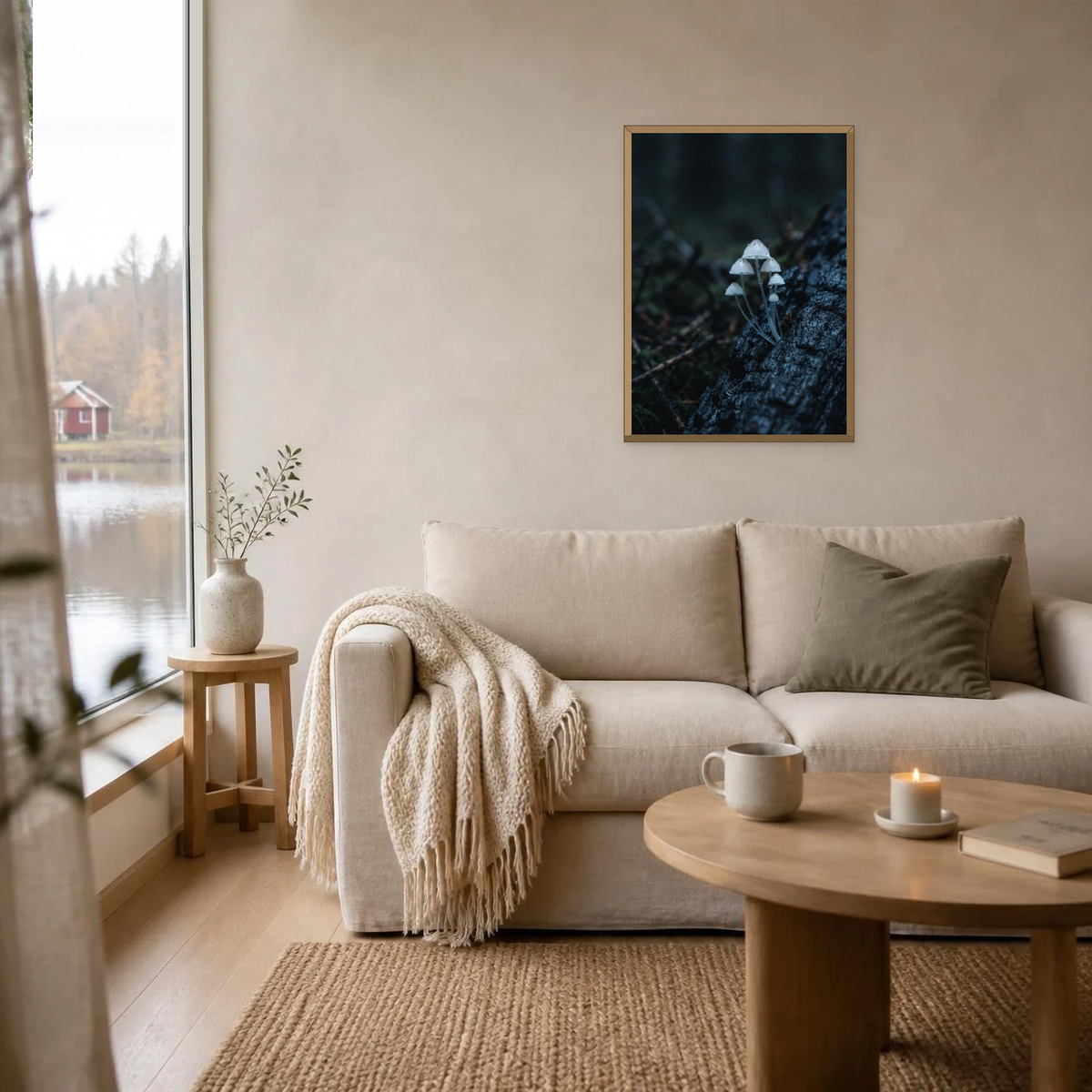 Tiny Mushrooms on Wood poster in a light oak frame above a linen sofa