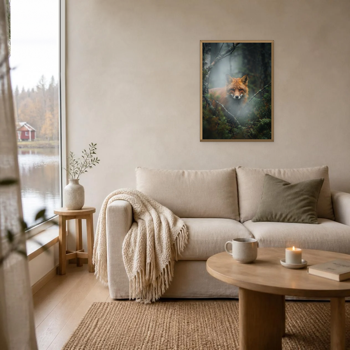 Fox in the Mist poster in a light oak frame above a linen sofa