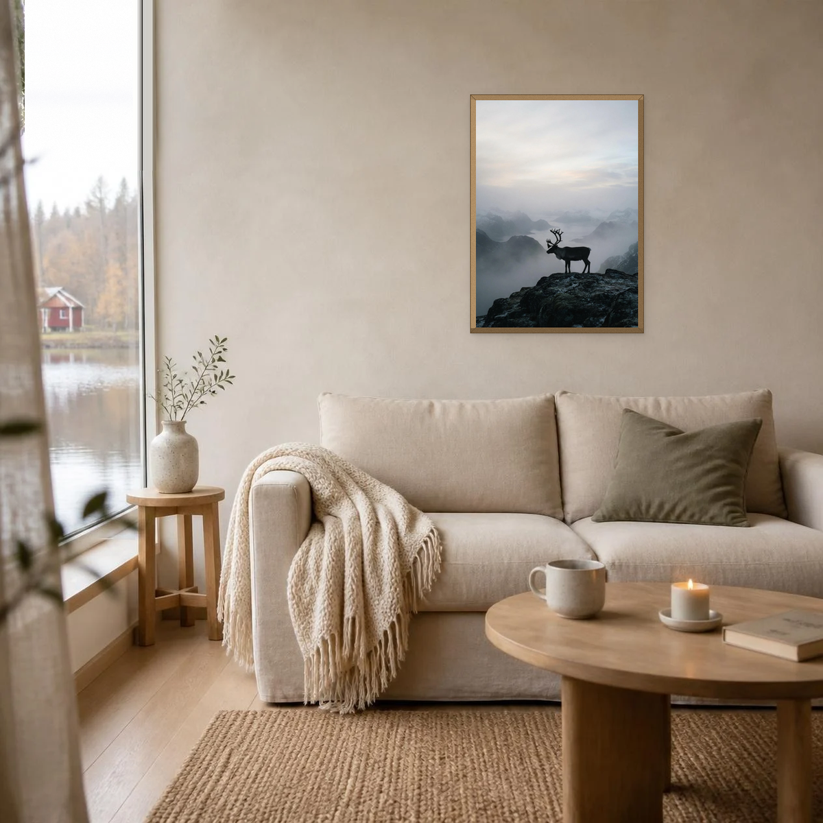 Reindeer at Daybreak poster in a light oak frame above a linen sofa
