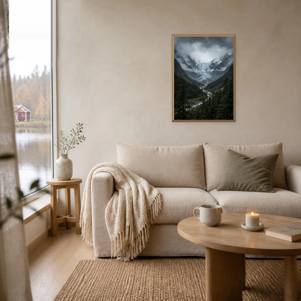 Glacier Through the Valley poster in a light oak frame above a linen sofa