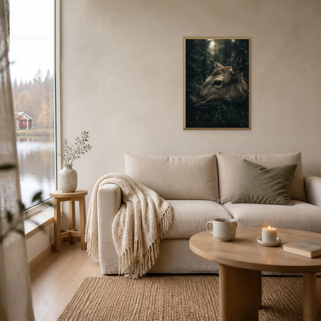Red Deer Among the Pines poster in a light oak frame above a linen sofa