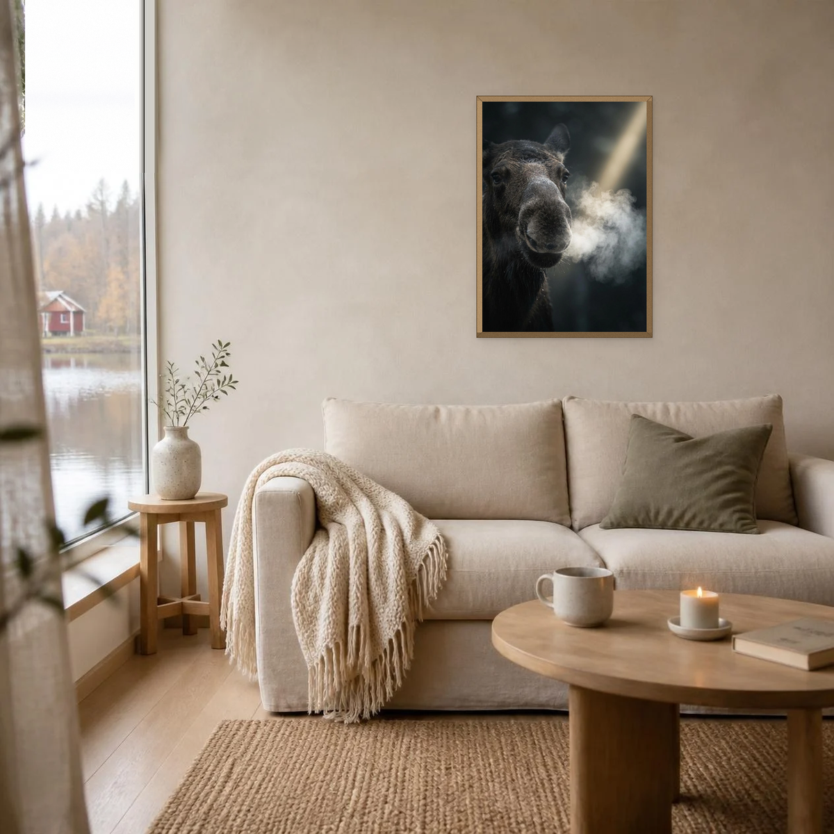 The Moose's Breath poster in a light oak frame above a linen sofa
