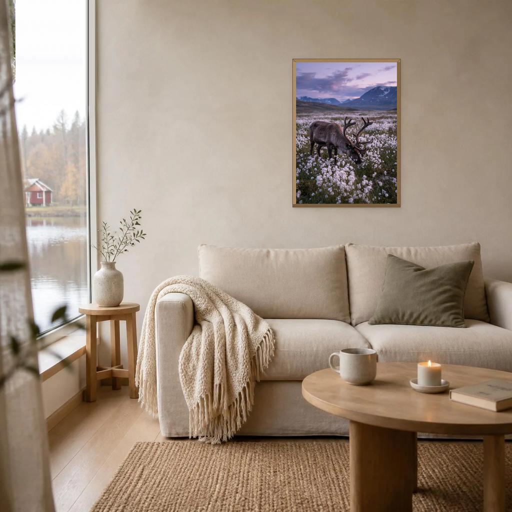 Reindeer Grazing poster in a light oak frame above a linen sofa