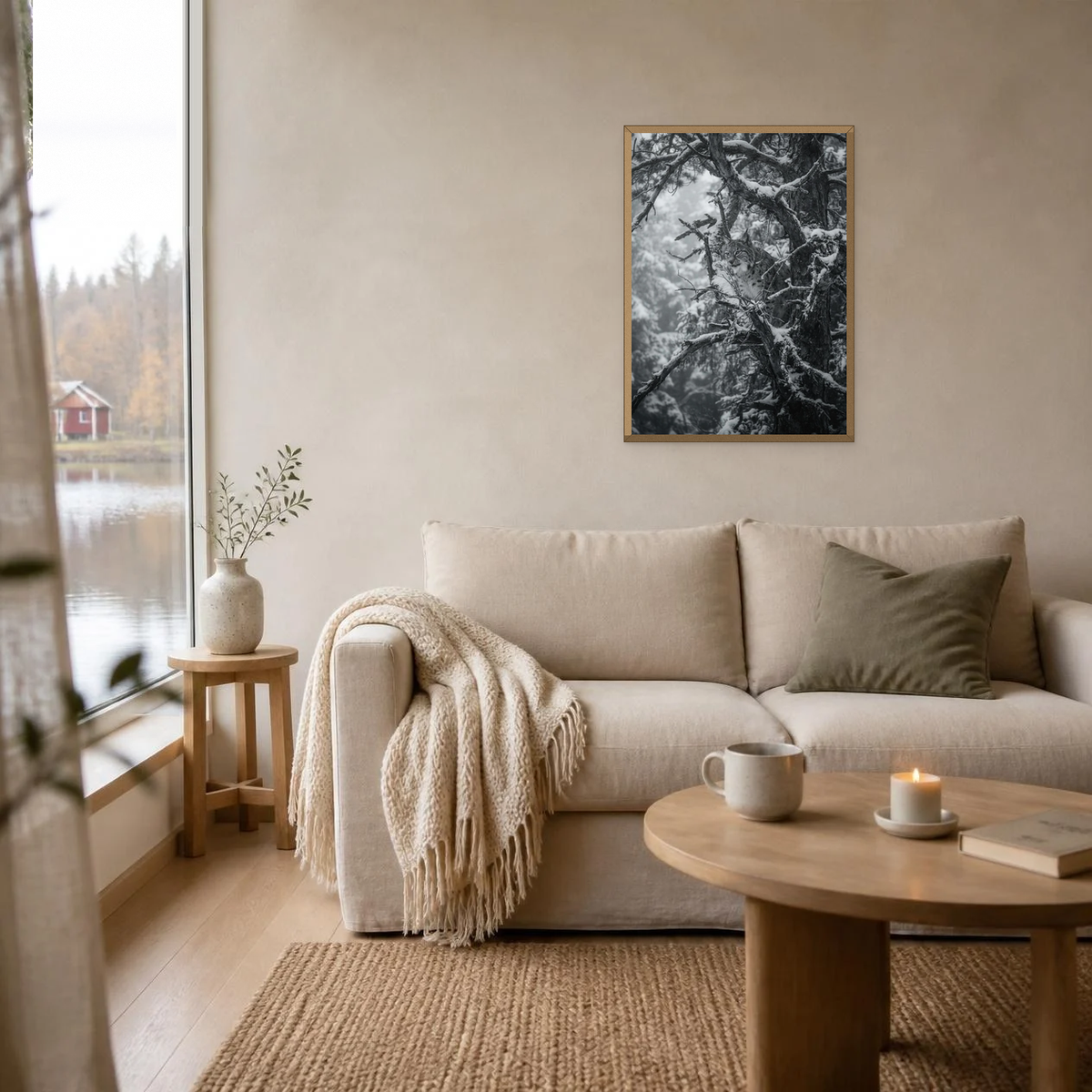 Hidden Lynx poster in a light oak frame above a linen sofa