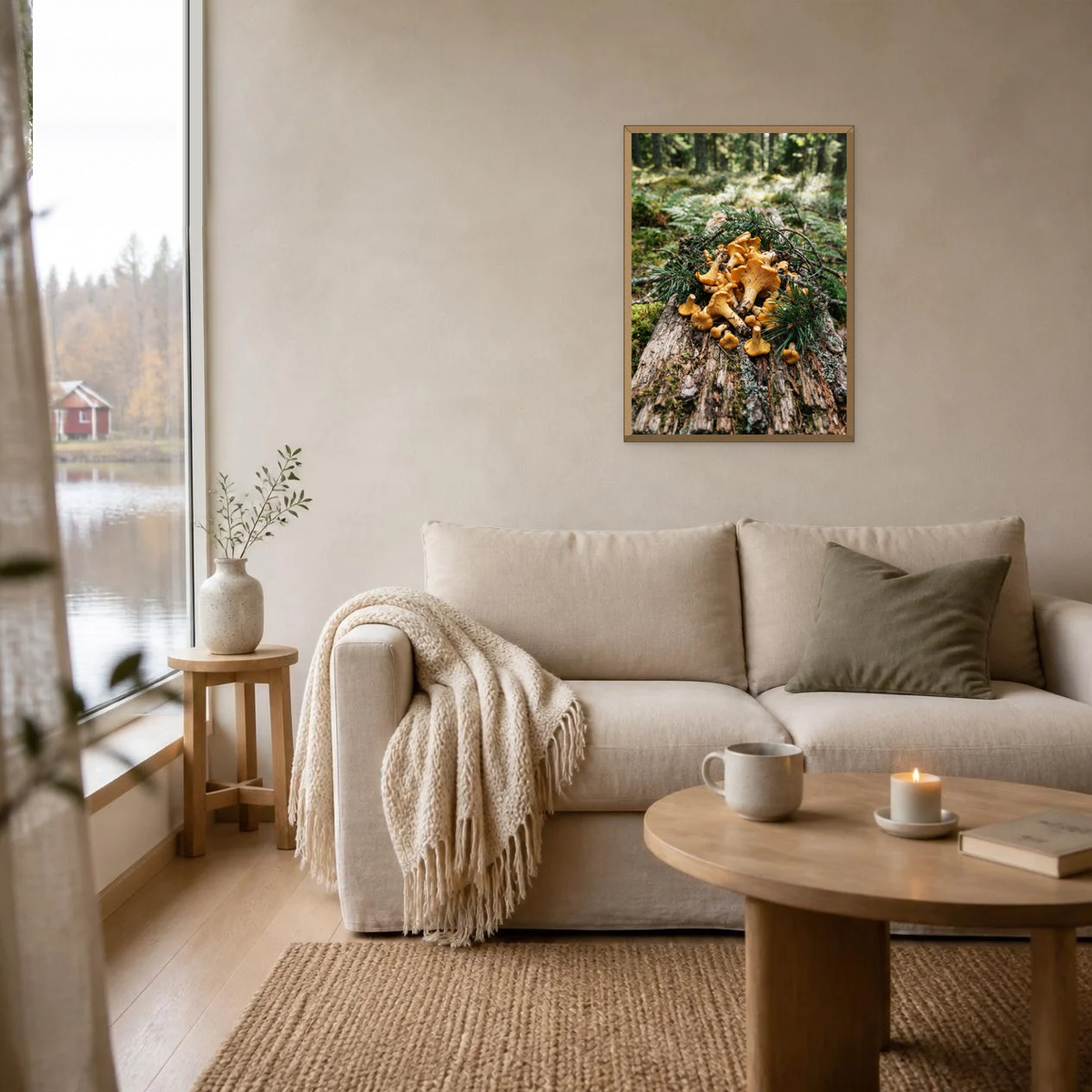 Chanterelles and Pine poster in a light oak frame above a linen sofa