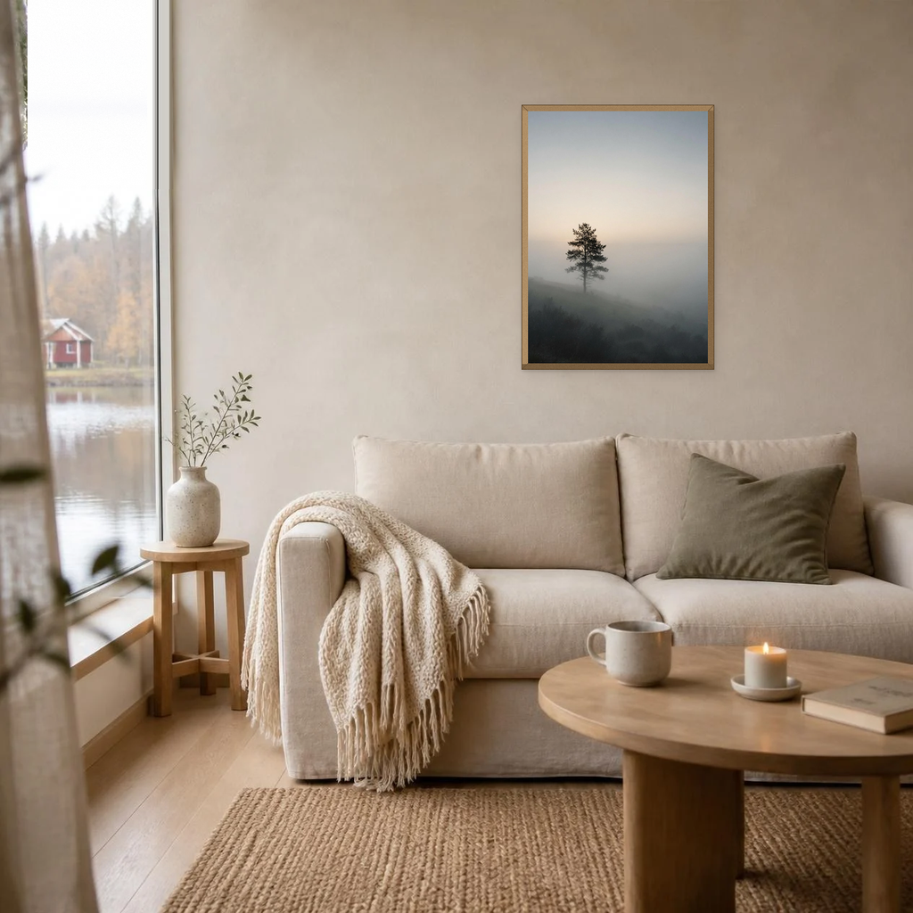 Pine in the Foggy Valley poster in a light oak frame above a linen sofa