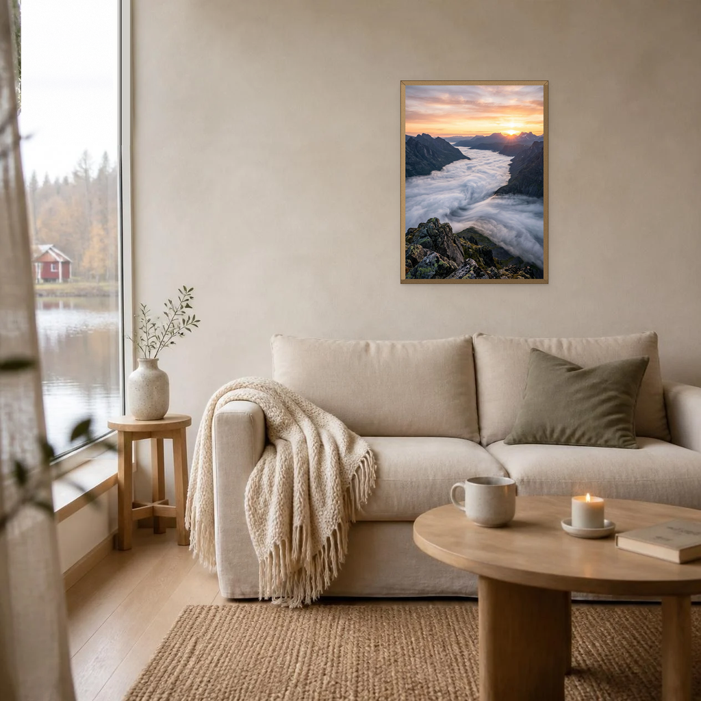 Mist Over the Valley poster in a light oak frame above a linen sofa