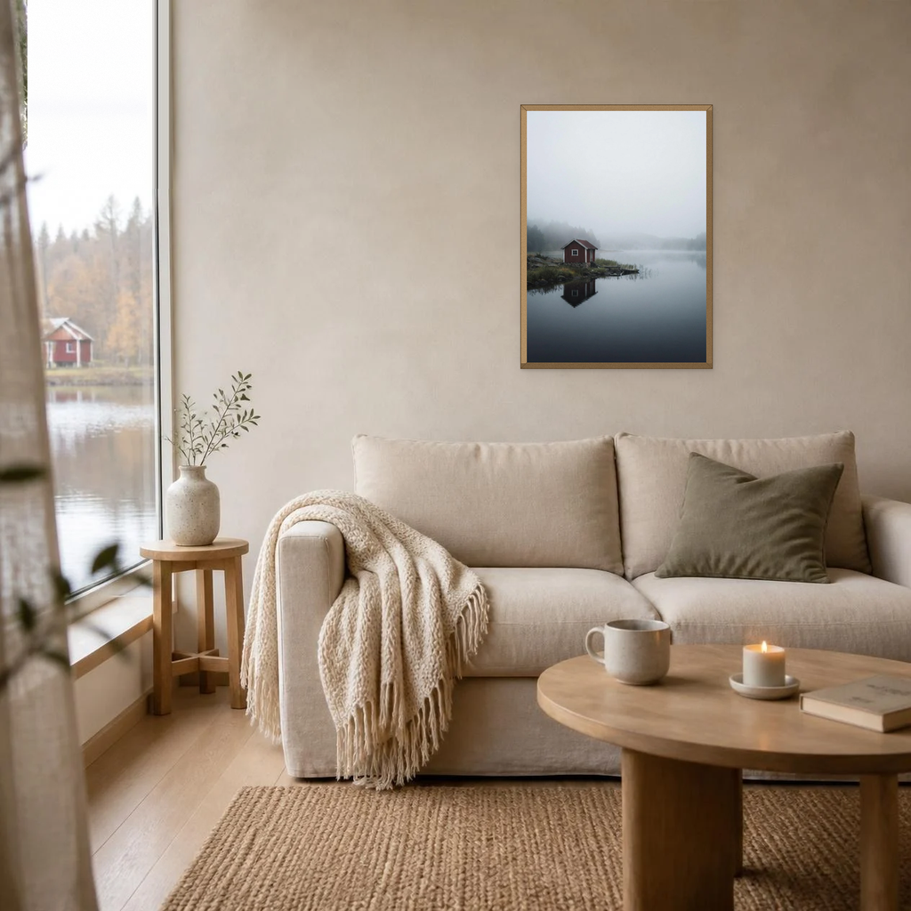 The Kept Cottage poster in a light oak frame above a linen sofa