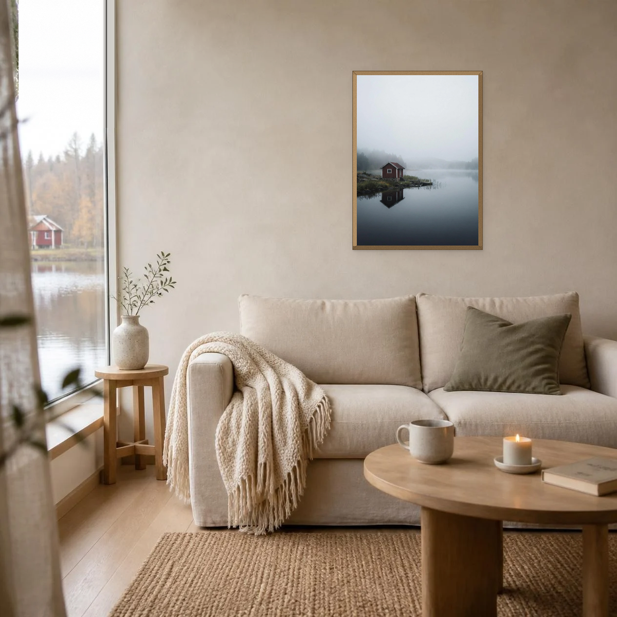 The Kept Cottage poster in a light oak frame above a linen sofa