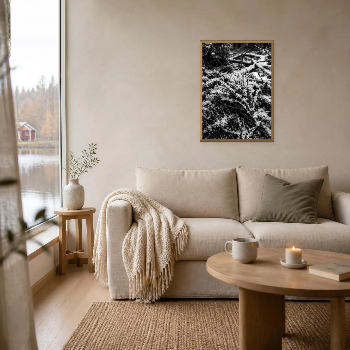 Hoar Frost on Pine Needles poster in a light oak frame above a linen sofa