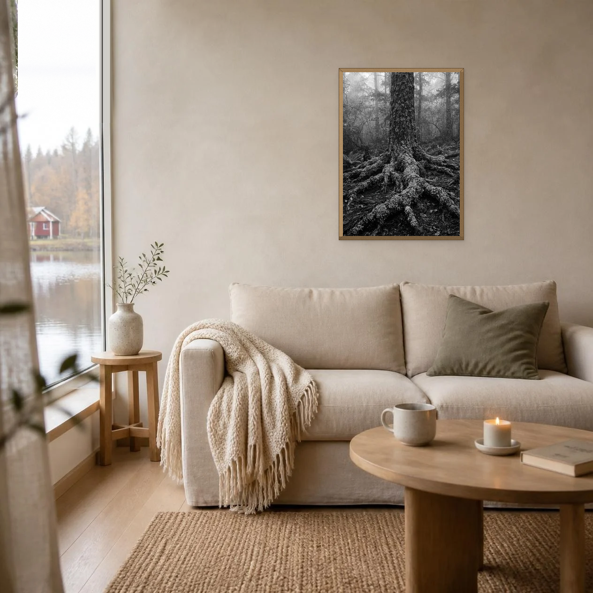 Roots of the Old Pine poster in a light oak frame above a linen sofa