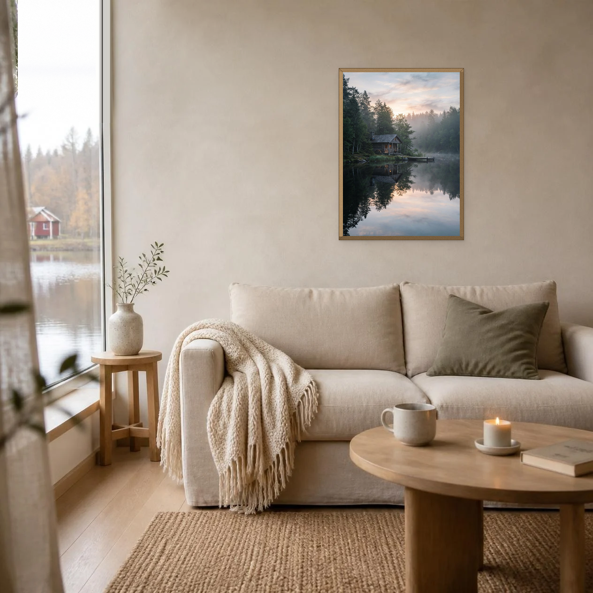 Cabin on Still Water poster in a light oak frame above a linen sofa