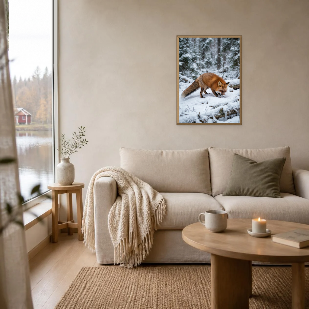 Fox in Fresh Snow poster in a light oak frame above a linen sofa