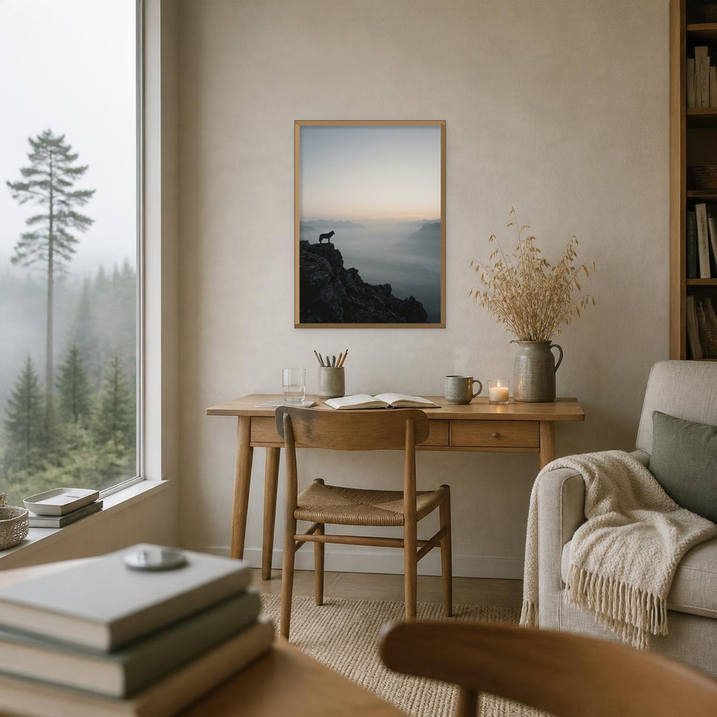 Misty wolf on a ridge poster in a light oak frame above a wooden desk