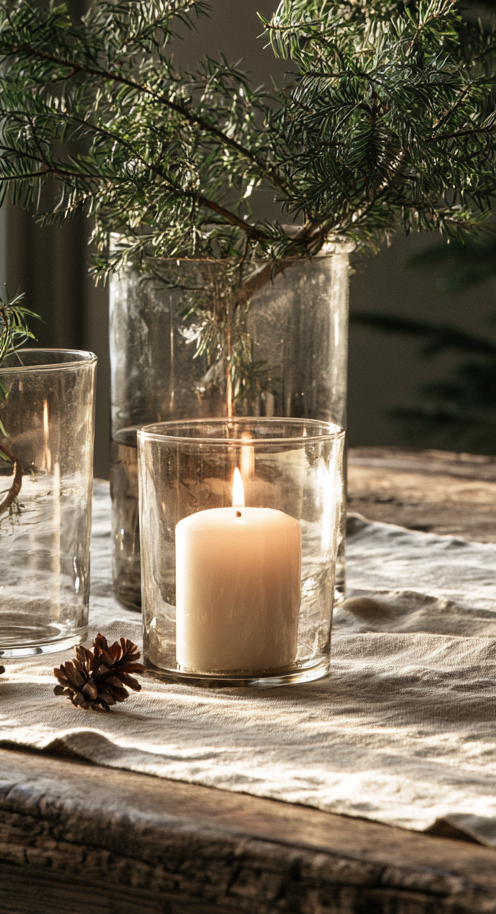 A lit candle in glass beside pine branches on a linen runner
