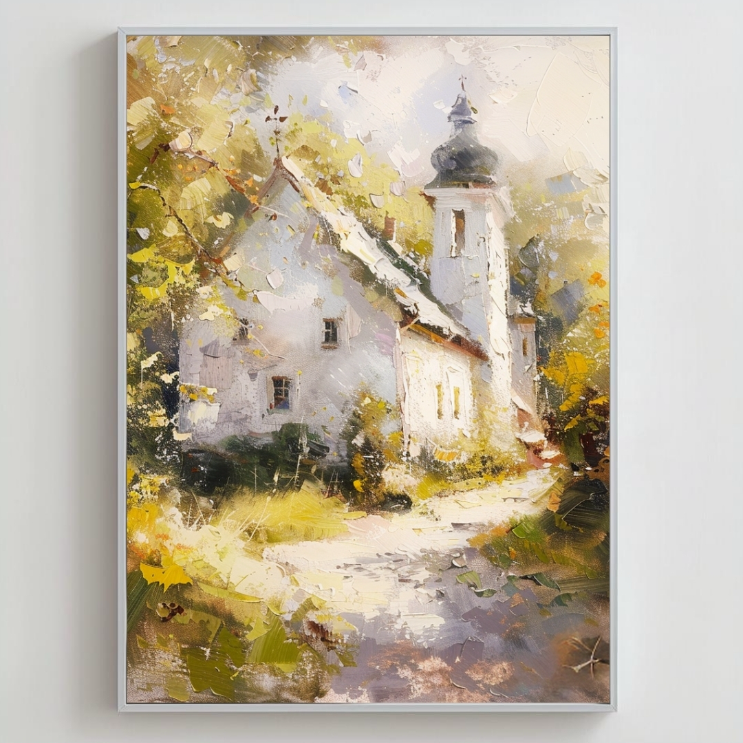 Path to Tranquility -Psalm 48:14 - A white plastered church with a greyish roof stands at the end of a sandy path, surrounded by patches of green. The serene scene, inspired by Psalm 48:14, invites a sense of tranquility and discovery as the path leads to the peaceful sanctuary.