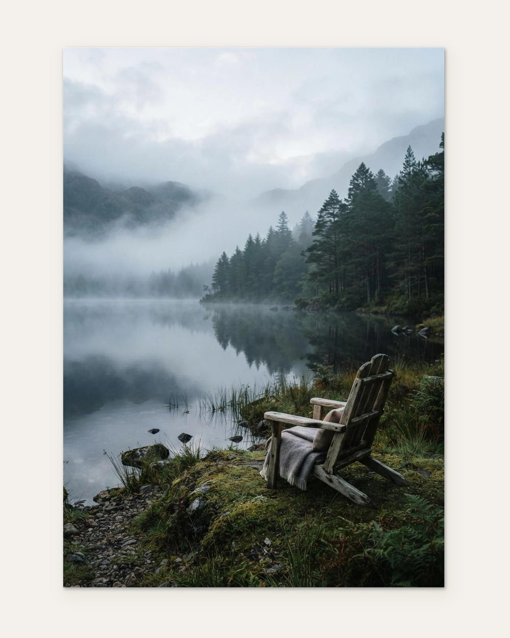 A Chair by the Misty Lake, fine art print by Jonnadee