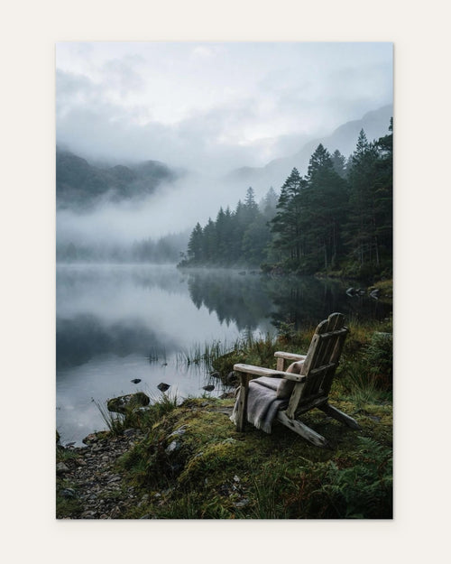 A Chair by the Misty Lake, fine art print by Jonnadee