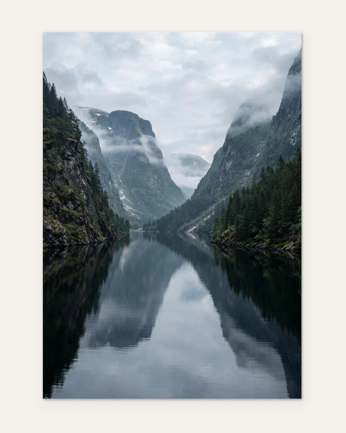 Calm Fjord and Misty Cliffs, fine art print by Jonnadee