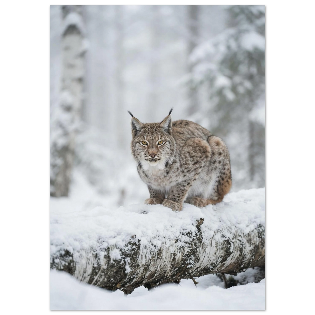 Lynx on a Birch Log, fine art print by Jonnadee