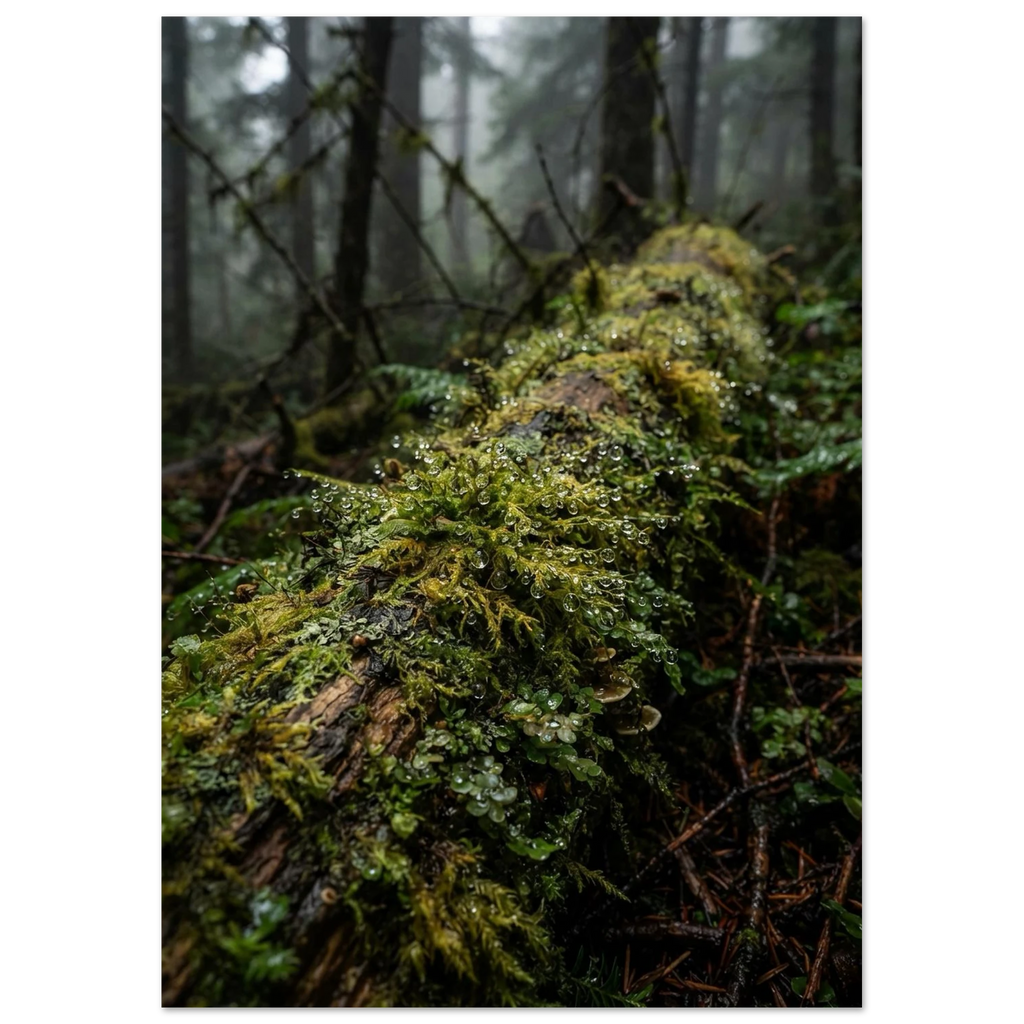 Raindrops on a Mossy Log, fine art print by Jonnadee