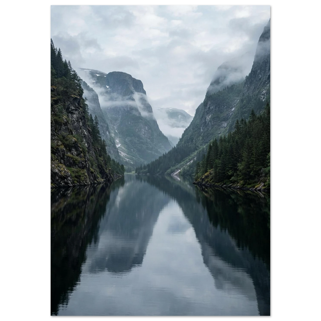Calm Fjord and Misty Cliffs, fine art print by Jonnadee