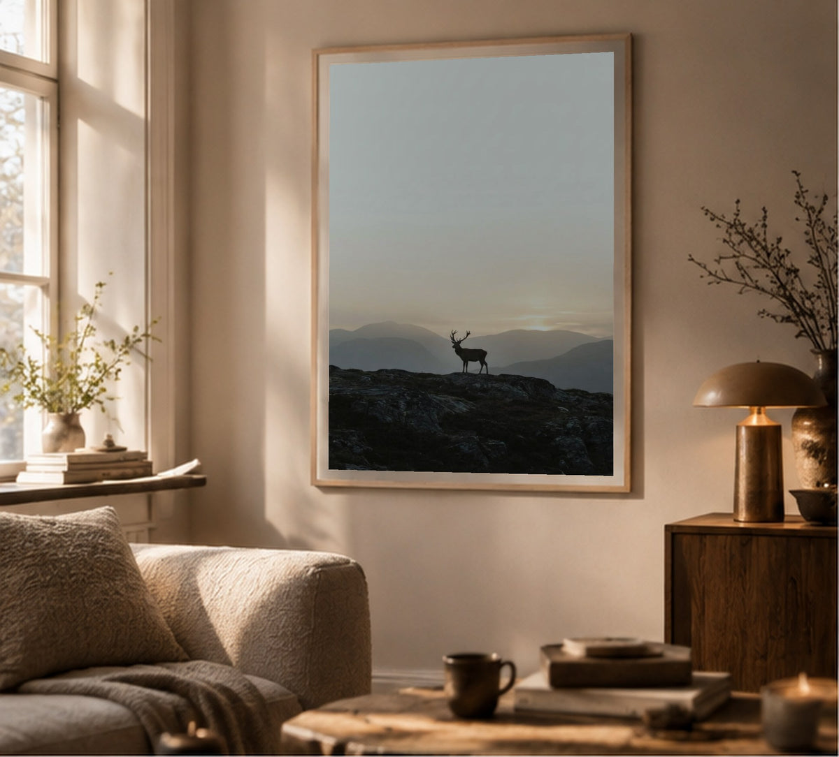 Red Deer on the Mountain art print, shown framed for inspiration in a sunlit living room
