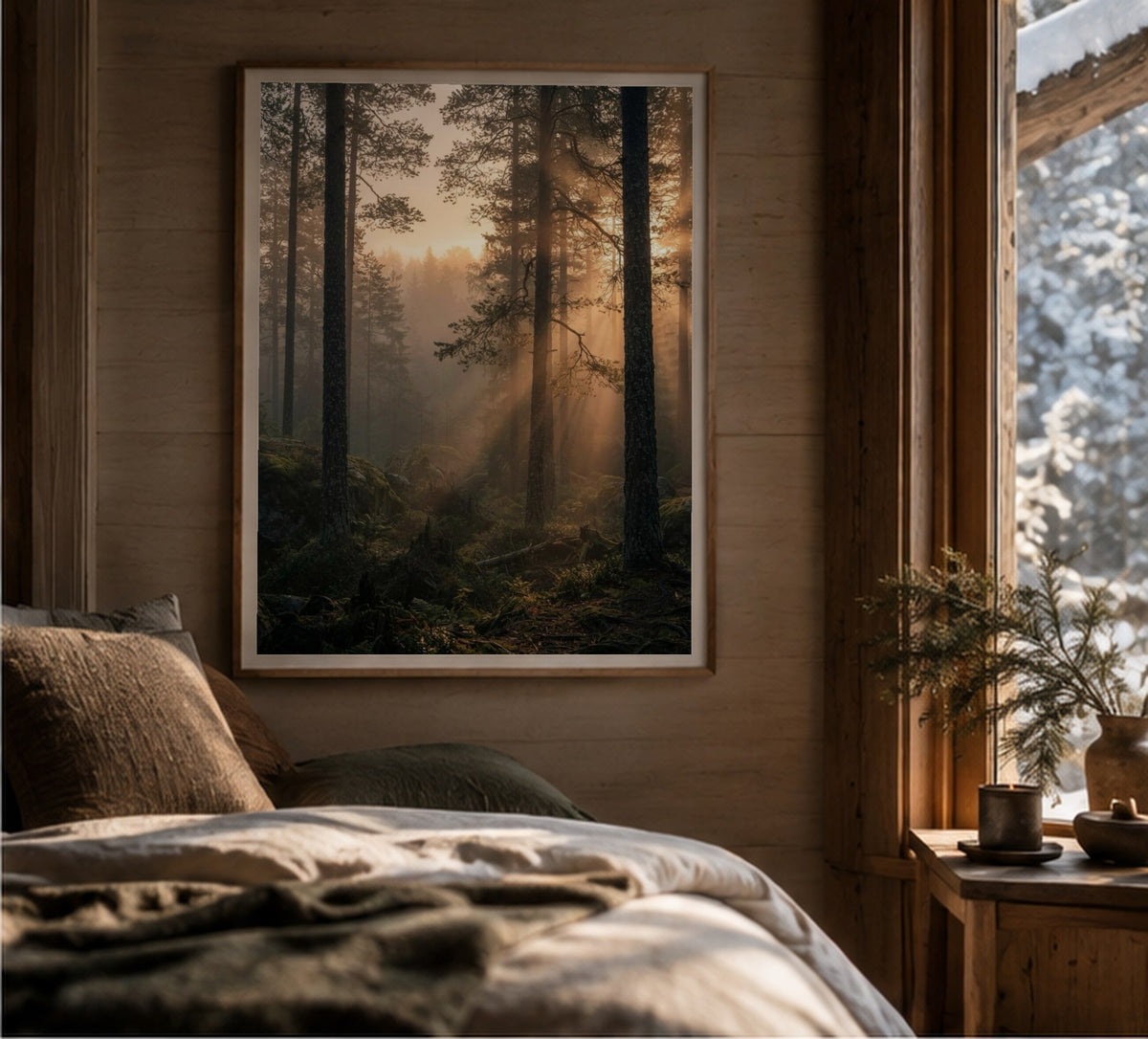 Midnight Sun Through the Trees art print, shown framed for inspiration in a wooden cabin bedroom
