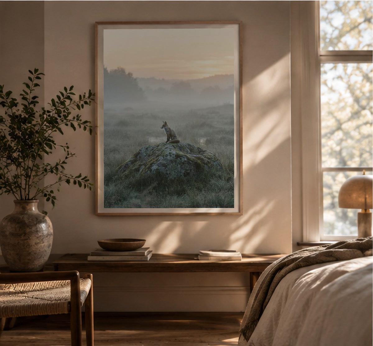 Fox on a Rock art print, shown framed for inspiration in a bright room with a plant