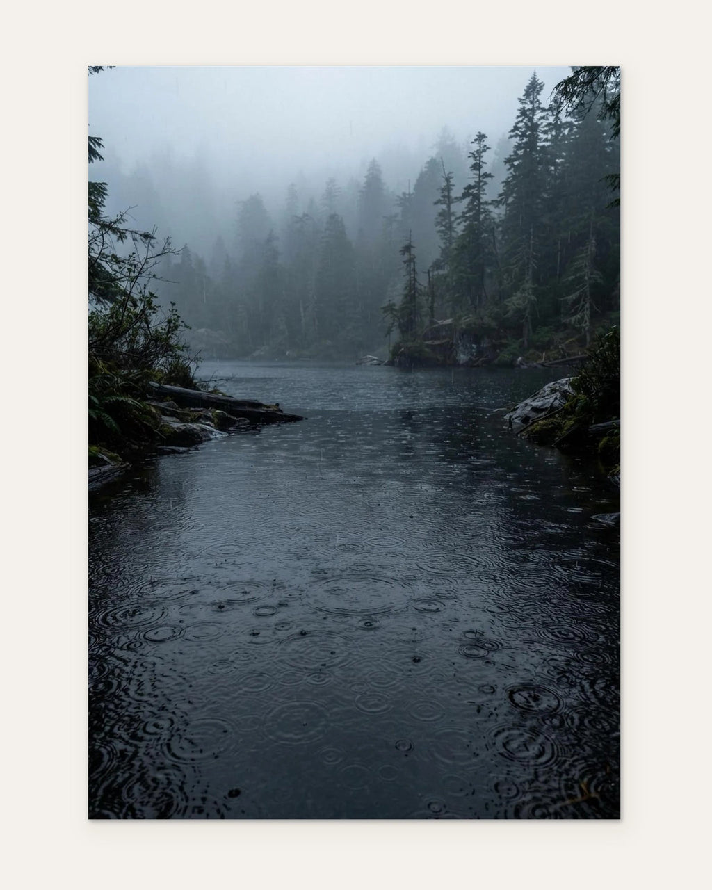 Rain on the Forest Lake, fine art print by Jonnadee